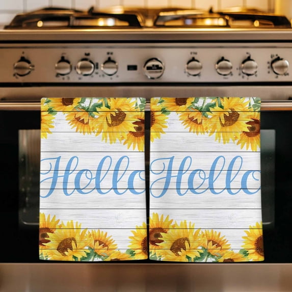 Sunflowers Kitchen Towels Set of 4, Yellow Flowers Summer Botanical Pastoral Wooden Absorbent Dish Towels for Kitchen, Microfiber Hand Towel, Quick Drying Tea Towel for Cleaning Decorative Dishcloths
