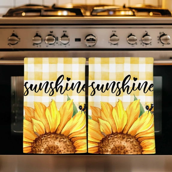 Sunflowers Kitchen Towels Set of 4, Yellow Plaid Sunshine Vintage Country Bee Absorbent Dish Towels for Kitchen, Microfiber Hand Towel, Quick Drying Tea Towel for Cleaning Decorative Dishcloths