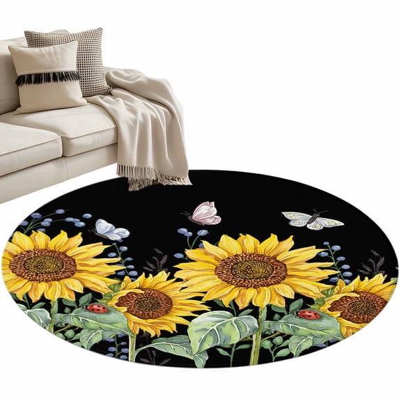 Sunflowers Large Area Rugs for Bedroom Living Room, Soft Non Slip Carpet Bedside Rug, Botanical Watercolor Butterfly Plant Round Floor Cover Kitchen Accent Rug 3' for Dining Room/Office