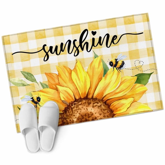 Sunflowers Large Area Rugs for Bedroom Living Room, Soft Non Slip Carpet Bedside Rug, Yellow Plaid Sunshine Vintage Country Bee Rectangular Floor Cover Kitchen Accent Rug 2'x3' for Dining Room/Office
