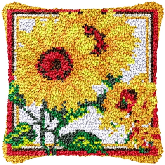Sunflowers Latch Hook Kits Pillow Cover DIY Rug Making Crochet Hook Cushion Making Kits with Preprinted Pattern Canvas DIY Needlework Crochet Kits Sofa Decor 43x43cm(1A)