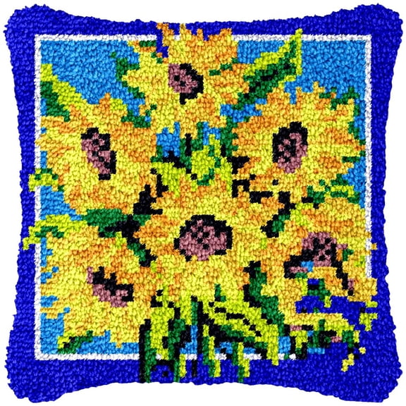 Sunflowers Latch Hook Kits Pillow Cover DIY Rug Making Crochet Hook Cushion Making Kits with Preprinted Pattern Canvas DIY Needlework Crochet Kits Sofa Decor 43x43cm(2A)