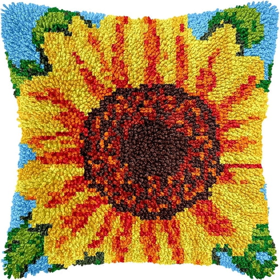 Sunflowers Latch Hook Kits Pillow DIY Pillowcase Crochet Hook Cushion Making Kits with Preprinted Pattern Canvas Instruction Yarns Pillow Cover Easy Starter DIY Crochet Kits 43x43cmX164)