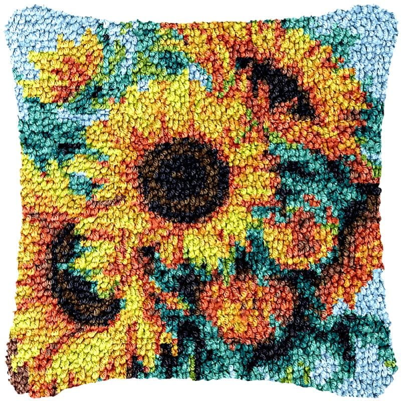 Sunflowers Latch Hook Pillow Cover Kits for DIY Handmade Throw Pillow Cross Stitch Latch Hook Pillowcase Rug Kits with Preprinted Color Pattern Canvas Crochet Yarn Kits 17''X 17''(fv199)
