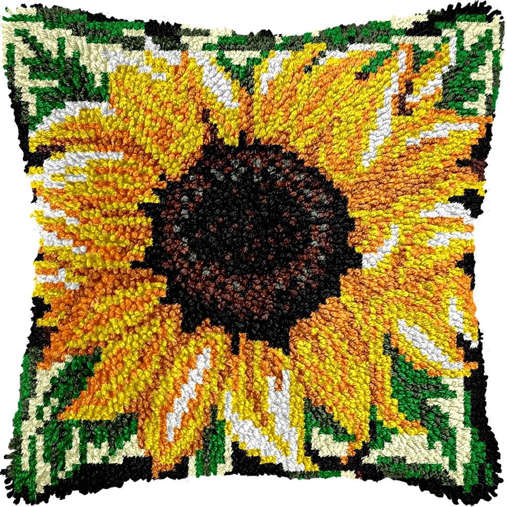 Sunflowers Latch Hook Pillow Kits for DIY Handmade Throw Pillow Cushion Embroidery Latch Hooking Pillowcase Kits with Preprinted Canvas Crochet Yarn Kits 17''X 17''(g130)