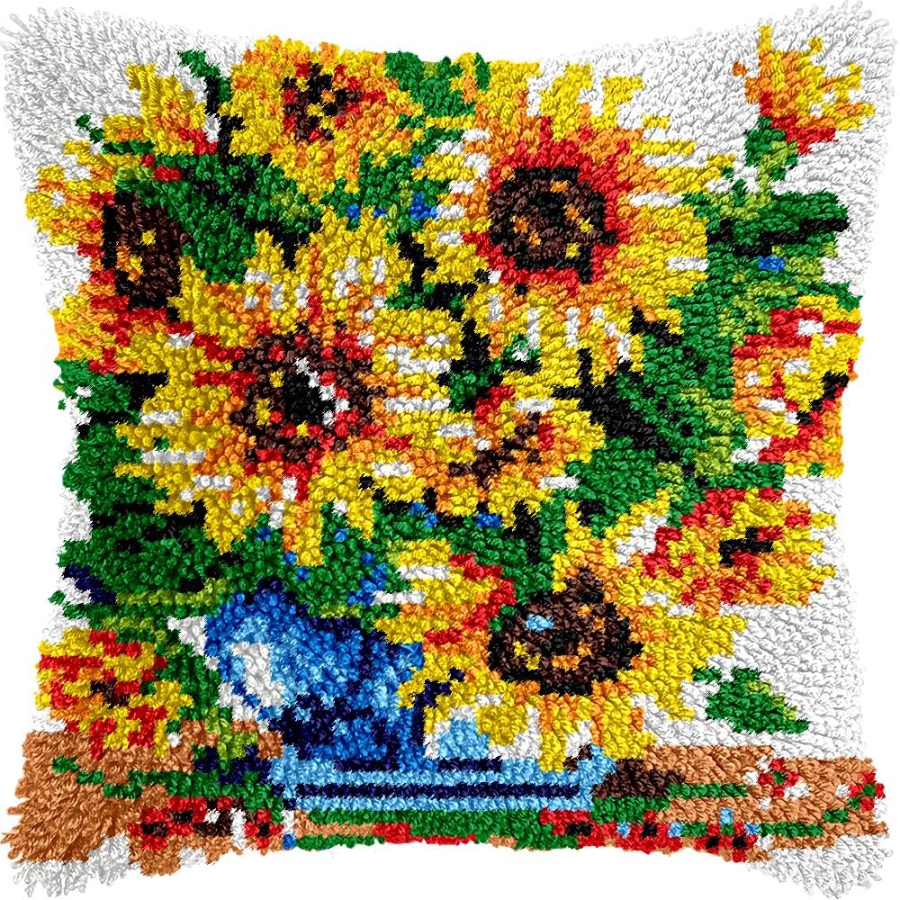 Sunflowers Latch Hook Pillow Kits for DIY Handmade Throw Pillow Cushion Embroidery Latch Hooking Pillowcase Kits with Preprinted Canvas Crochet Yarn Kits 17''X 17''(g82)