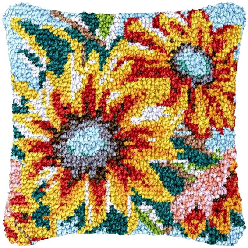 Sunflowers Latch Hook Pillowcase Kits for Adults and Starter DIY Cushion Cross Stitch Latch Hook Rug Kits with Preprinted Canvas Crochet Yarn Kits Needlework Crafts 17'' X 17''