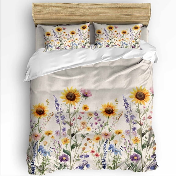 Sunflowers Lavender Full Size Comforter Set, Spring Summer Farmhouse Soft Bedding for All Seasons, 4 Pcs Bed Set with 1Comforter (86"x86") ,1 Sheet(80"x116"), 2 Pillowcases (19"x29")