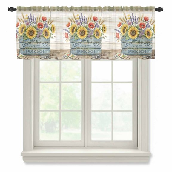 Sunflowers Lavender Poppies Sheer Curtains Valances for Windows Farmhouse Farm Gingham Plaid Chiffon Kitchen Valances for Cafe, Voile Window Treatments Curtains for Living Room Bedroom, 42"x12"