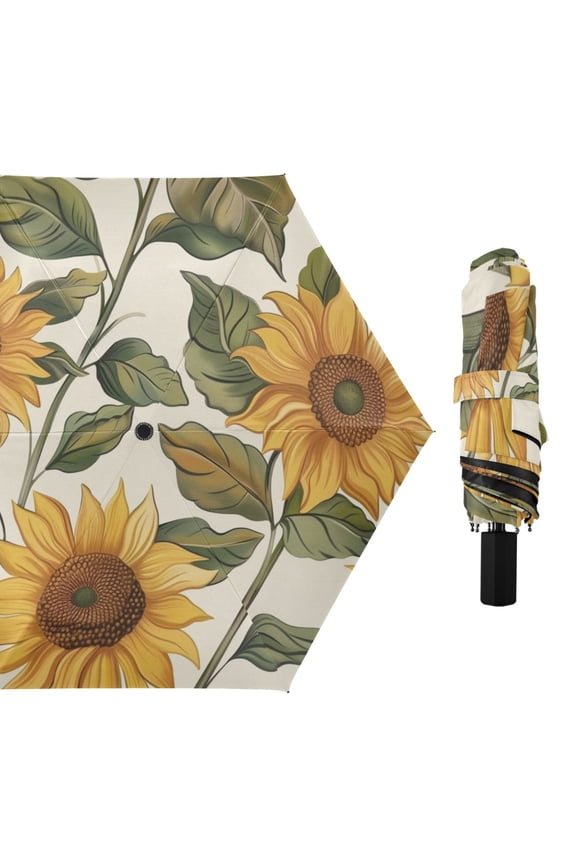 Sunflowers Leaves All Weather Umbrella Triple Folding Parasol 6 Ribs UV Protection Portable
