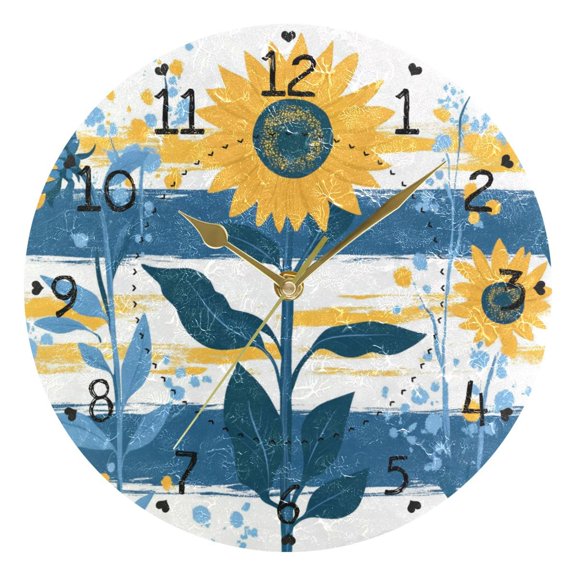 Sunflowers Leaves Stripes Background Round Wall Clock Silent Analog Battery Operated Gold Pointer Home Decor 9.84" Diameter