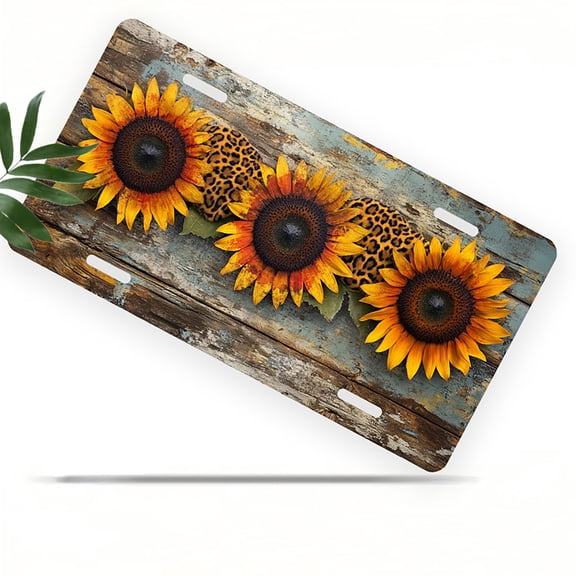 Sunflowers with Leopard Print Front License Plate, Metal License Plate, Funny Standard Plates Personalized Novelty Decorative For Men/Women/Boys/Girls Car 6×12 Inch