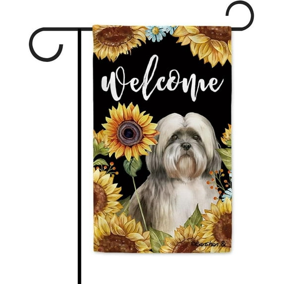 Sunflowers Lhasa Apso Garden Flag Watercolor Dog Floral Spring Summer Decor Flag for Outdoor Yard Double Side 12.5X18 Inch