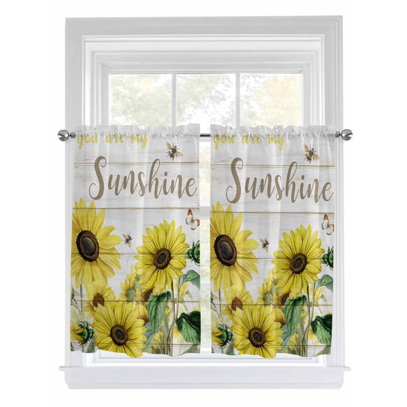 Sunflowers Living Room Curtains 2 Panel, Country Spring Botanical Flowers Bee Wooden Cafe Window Treatment, Farmhouse Bedroom Bathroom Kitchen Curtains Drapes 104"x45"