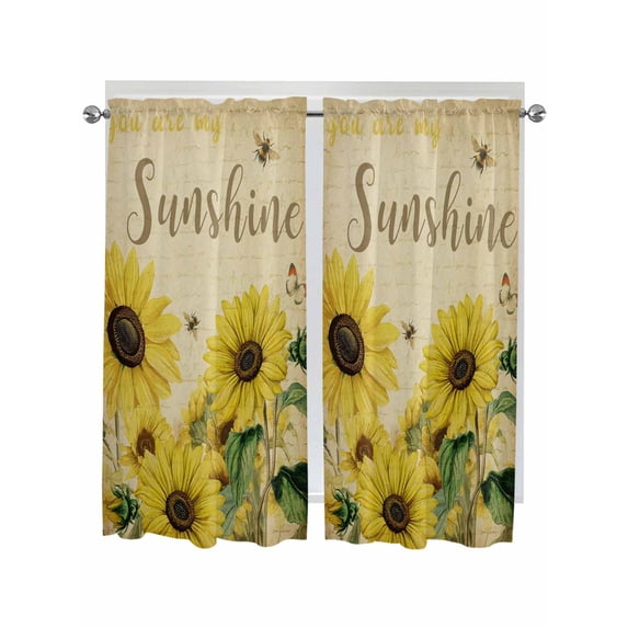 Sunflowers Living Room Curtains 2 Panel, Retro Spring Botanical Blossom Flowers Bees Cafe Window Treatment, Extra Long Farmhouse Bedroom Bathroom Kitchen Curtains Drapes 104"x72"