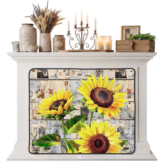 Sunflowers Magnetic Fireplace Cover, Fireplace Draft Blocker, Botanical Floral Farmhouse Retro Wood Grain Fireplaces Blanket for Heat Loss/Cold Air, Fireplaces Draft Stopper Cover for Inside 36"x27"