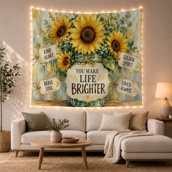 Sunflowers in Mason Jar with Appreciative Phrases, Cozy Farmhouse Style for Flower Lovers, Botanical Wall Art, Thank You Gift, Tapestry Wall Hanging for Kitchen and Entryway