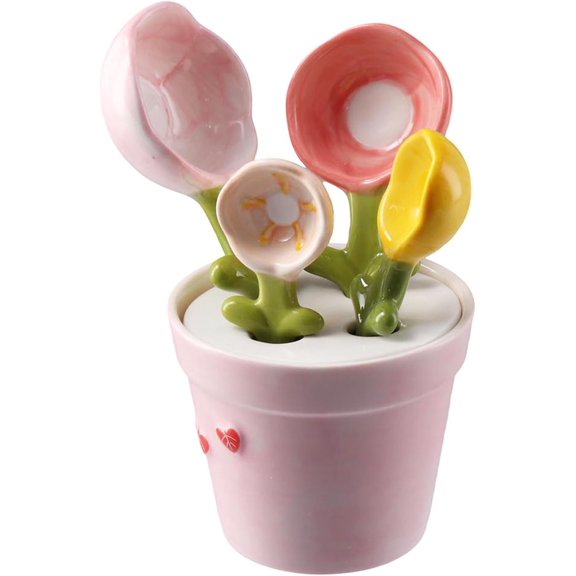 Sunflowers Measuring Spoons and Cups Set, Cute Ceramic Measuring Spoons, Baking Sunflowers Measuring Spoon with Holder for Milk Sugar Salt Wet Dry Ingredients
