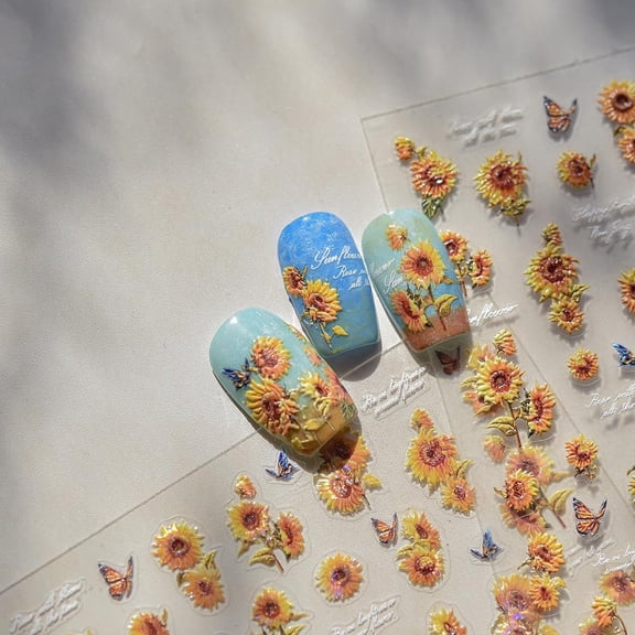 Sunflowers Nail Stickers 5D Embossed – Self-Adhesive Blooming Floral Sunflower Sticker, DIY Manicure, Nail Art, Press On, Home or Salon Use