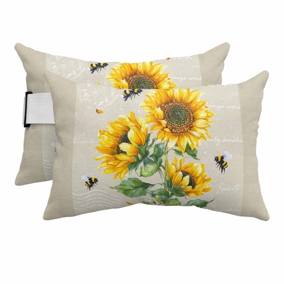 Sunflowers Outdoor Pillows for Chaise Lounge Chair Beach Headrest Pillow Set of 2 Waterproof Lumbar Pillows with Insert Farmhouse Botanical Yellow Flowers Bee Retro Pillow for Patio Pool 12"x20"