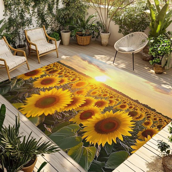 Sunflowers Outdoor Rug 4x6 Ft - Reversible Patio Rug Outdoor Camping Rugs, Farmhouse Natural Botanical Sunset Scenery Washable Indoor Outdoor Area Rugs, Non-Slip Outdoor Carpet Runner for Deck/Porch