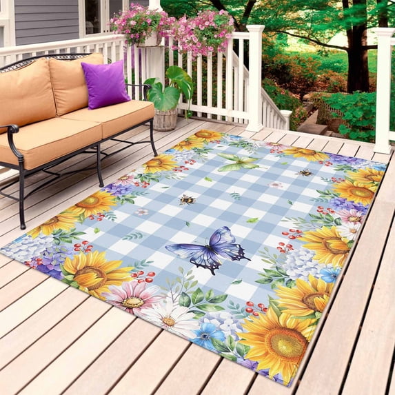Sunflowers Outdoor Rug 6x9 Ft, Non Slip Washable Area Rug, Spring Watercolor Flowers Butterflies Hydrangea Blue Patio Rugs Carpet Runner, Large Floor Mat for Indoor/Outdoor Deck Porch Camping