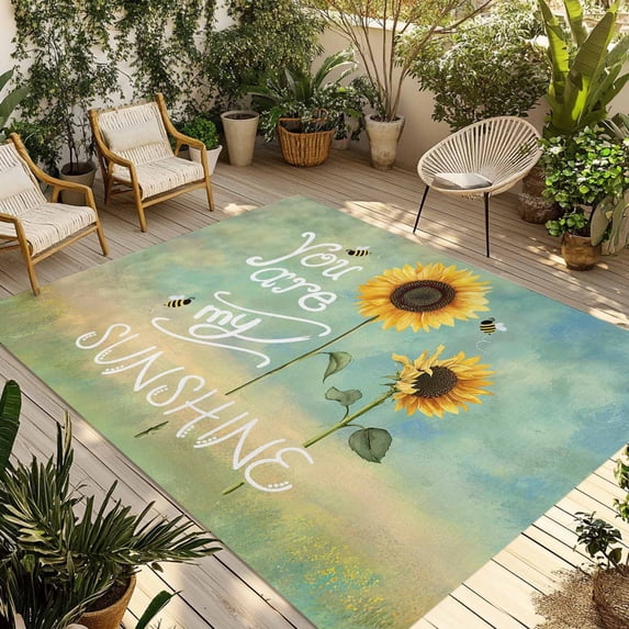 Sunflowers Outdoor Rug for Patio/Deck/Porch, Non-Slip Large Area Rug 4 x 6 Ft, Modern Bee You Are My Sunshine Green Indoor Outdoor Rugs Washable Area Rugs, Reversible Camping Rug Carpet Runner