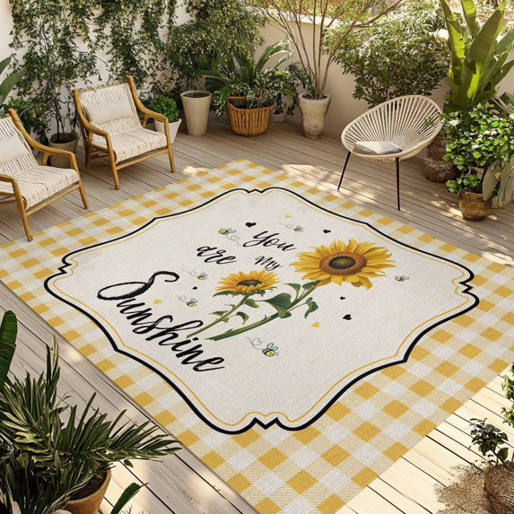 Sunflowers Outdoor Rug for Patio/Deck/Porch, Non-Slip Large Area Rug 4 x 6 Ft, Yellow Floral Botanical Checkered Rustic Indoor Outdoor Rugs Washable Area Rugs, Reversible Camping Rug Carpet Runner
