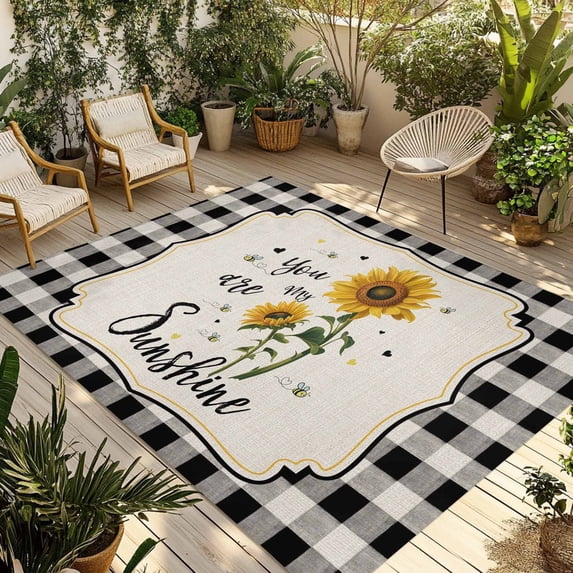 Sunflowers Outdoor Rug for Patio/Deck/Porch, Non-Slip Large Area Rug 5 x 7 Ft, Yellow Floral Botanical Black White Checkered Rustic Indoor Outdoor Rugs Washable Area Rugs, Camping Rug Carpet Runner