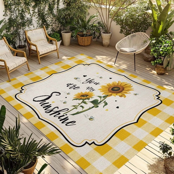 Sunflowers Outdoor Rug for Patio/Deck/Porch, Non-Slip Large Area Rug 5 x 7 Ft, Yellow Floral Watercolor Botanical Checkered Rustic Indoor Outdoor Rugs Washable Area Rugs, Camping Rug Carpet Runner