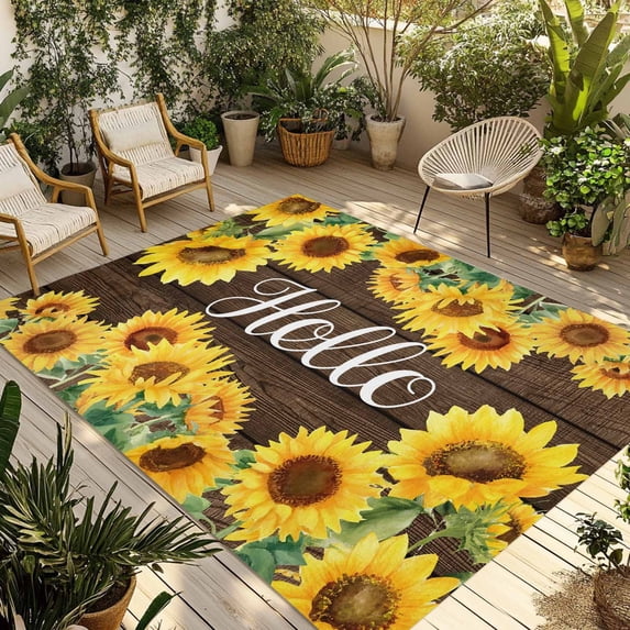 Sunflowers Outdoor Rug for Patio/Deck/Porch, Non-Slip Large Area Rug 5 x 7 Ft, Yellow Summer Botanical Elegant Flowers Wooden Indoor Outdoor Rugs Washable Area Rugs, Camping Rug Carpet Runner