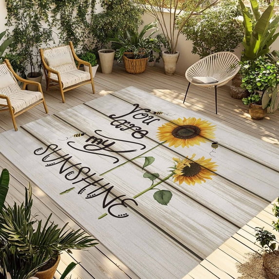 Sunflowers Outdoor Rug for Patio/Deck/Porch, Non-Slip Large Area Rug 5 x 8 Ft, Modern Bee You Are My Sunshine Wooden Grain Indoor Outdoor Rugs Washable Area Rugs, Reversible Camping Rug Carpet Runner