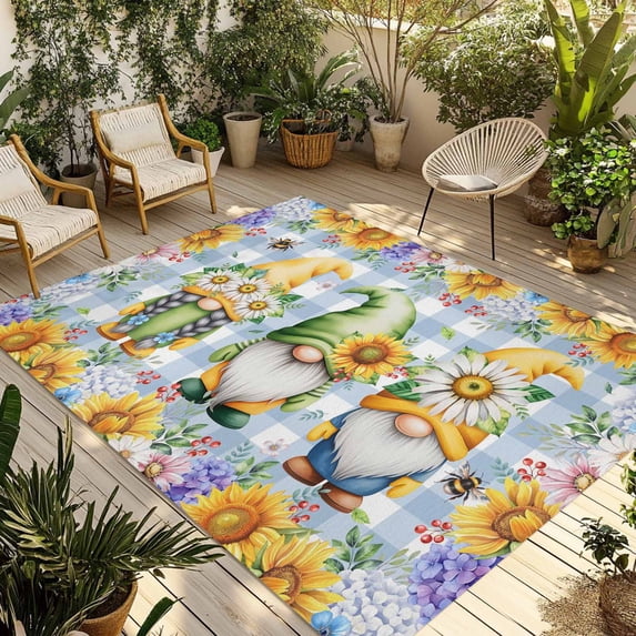 Sunflowers Outdoor Rug for Patio/Deck/Porch, Non-Slip Large Area Rug 5 x 8 Ft, Spring Gnomes Daisy Hydrangea Flowers Blue Plaid Indoor Outdoor Rugs Washable Area Rugs, Camping Rug Carpet Runner