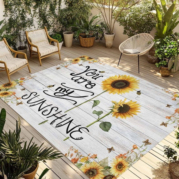 Sunflowers Outdoor Rug for Patio/Deck/Porch, Non-Slip Large Area Rug 6 x 9 Ft, Farmhosue You Are My Sunshine Wooden Grain Indoor Outdoor Rugs Washable Area Rugs, Reversible Camping Rug Carpet Runner