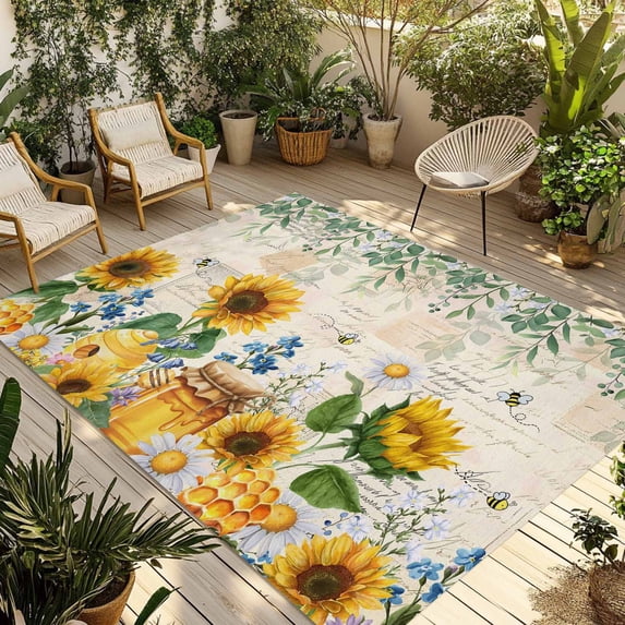 Sunflowers Outdoor Rug for Patio/Deck/Porch, Non-Slip Large Area Rug 6 x 9 Ft, Yellow Floral Bees Green Leaves Watercolor Indoor Outdoor Rugs Washable Area Rugs, Reversible Camping Rug Carpet Runner