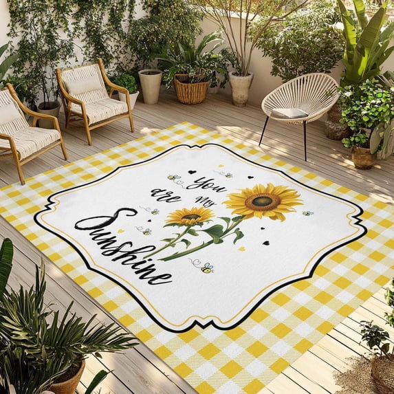 Sunflowers Outdoor Rug for Patio/Deck/Porch, Non-Slip Large Area Rug 6 x 9 Ft, Yellow Floral Botanical Checkered Farmhouse Indoor Outdoor Rugs Washable Area Rugs, Reversible Camping Rug Carpet Runner