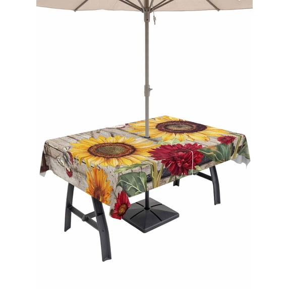 Sunflowers Outdoor Tablecloth - 52x70 Inch Rectangle Dining Table Cover, Retro Flower Barn Doors Butterfly Farmhouse Brown Waterproof Outdoor Table Cloth with Umbrella Hole & Zipper for Picnic/Patio