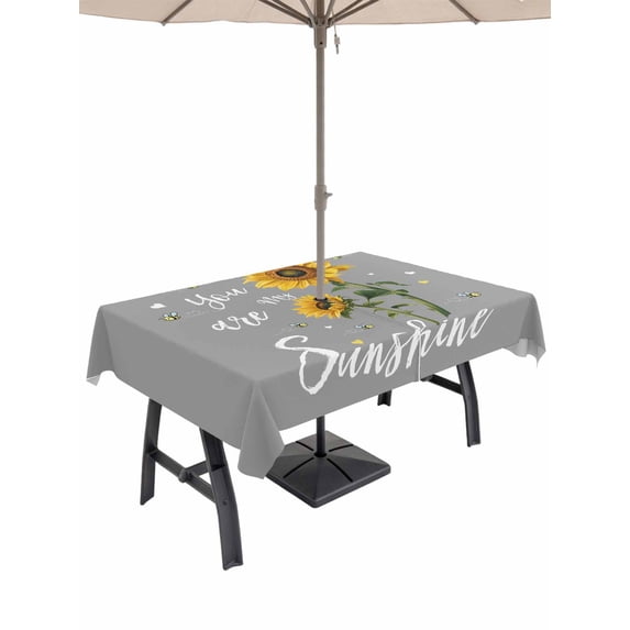 Sunflowers Outdoor Tablecloth - 60x102 Inch Rectangle Dining Table Cover, Spring Summer Bees Yellow Floral Grey Waterproof Outdoor Table Cloth with Umbrella Hole & Zipper for Picnic/Patio/Party