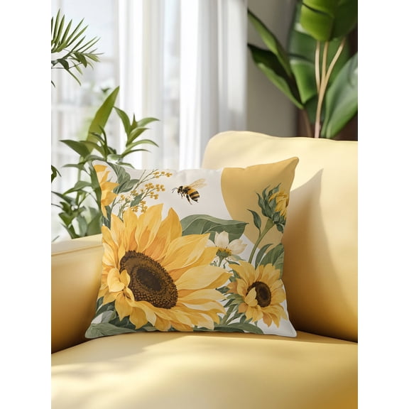 Sunflowers Outdoor Throw Pillows with Inserts, Summer Rustic Yellow Floral Buds Honeybee Sun Motif 16”x16” Set of 1 Waterproof Decorative Patio Throw Pillow Inserts for Patio Furniture Bench