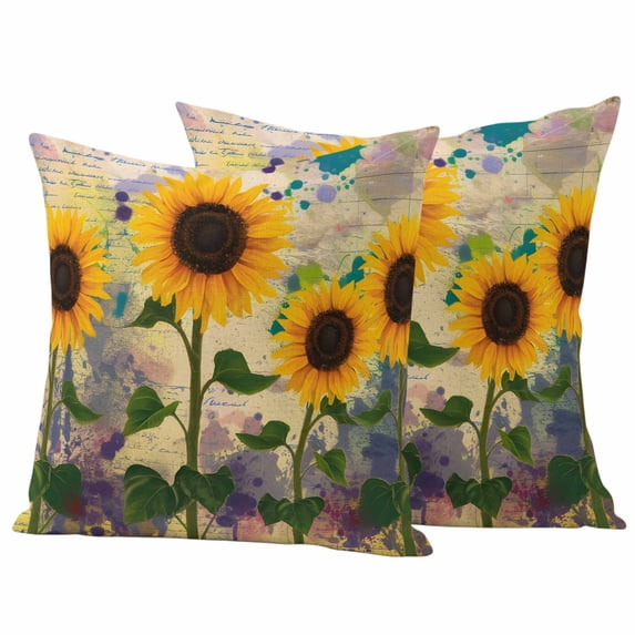 Sunflowers Outdoor Waterproof Pillow Covers, Watercolor Colorful Botanical Floral Branches Decorative Square Throw Pillowcase Sofa Cushion Sham for Patio/Couch/Chair, 24"x24" 2 Pack