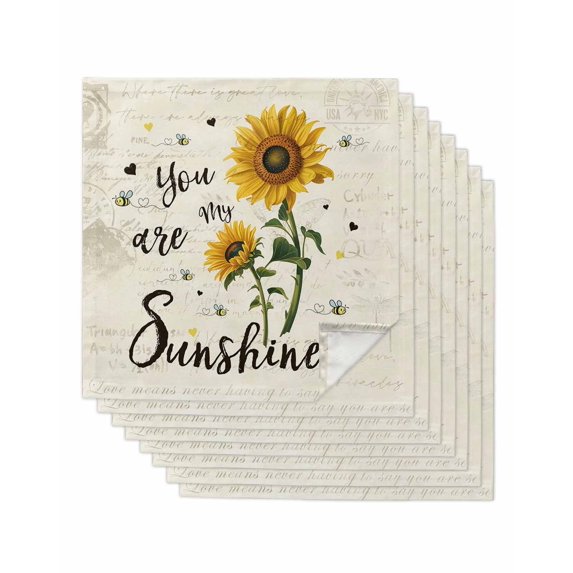 Sunflowers Pastoral Cloth Napkins Set of 8 Reusable Dinner Napkins, Bees Country Botanical Retro Beige Cocktail Napkin Washable Table Napkins for Wedding/Holiday Party/Baby Shower 20"x20"