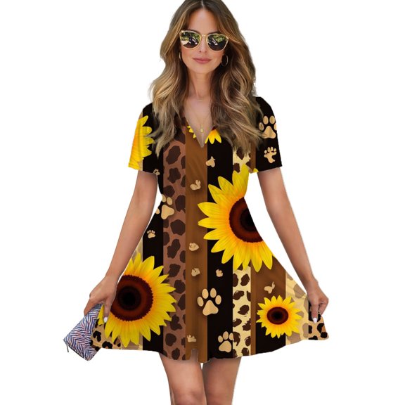 Sunflowers Paw Prints Leopard Print Women Dress V-Neck Short Sleeve Flowy Swing Party Midi Dress