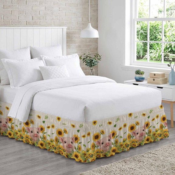 Sunflowers Pig Bed Skirt King Size 16 Inch Drop, Vintage Country Pig Floral Linen Texture Adjustable Elastic Dust Ruffles Bedskirt for King Bed Wrap Around Pleated Mattress Frame Cover