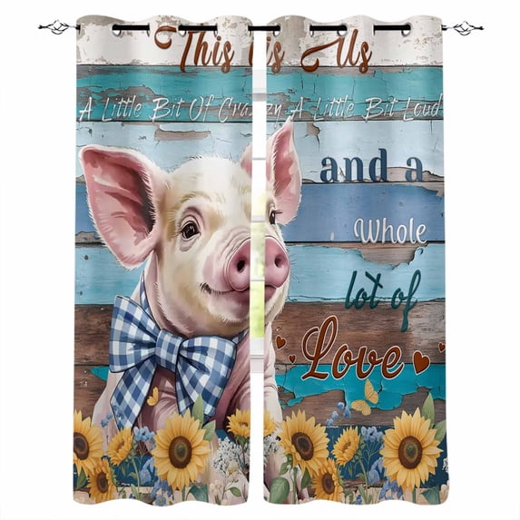 Sunflowers Pig Blackout Curtains for Bedroom Living Room Darkening Curtains 84 Inch Length 2 Panels Set Farmhouse Pastoral Wooden Plank Flowers Window Curtain Window Treatment Grommet Drapes 42"x84"