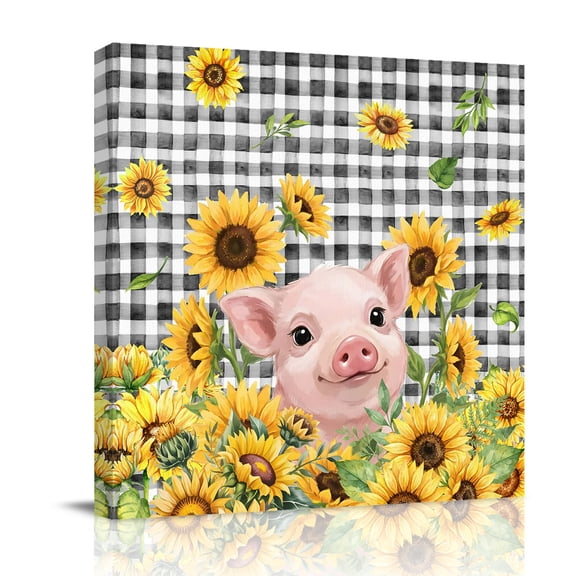 Sunflowers Pig Canvas Wall Art for Living Room, Vintage Country Pig Floral Black Plaid Poster Print Painting for Bedroom Office Home Decoration Wall Pictures Prepare To Hang 8"x8"