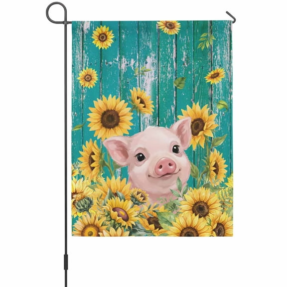 Sunflowers Pig Garden Flag 12 x 18 Inches, Vintage Country Pig Floral Green Wood Grain Weather Proof Outdoor Patio Flags Double Sided Small Garden Decoration for Yard Outside Home