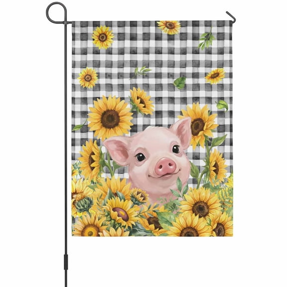 Sunflowers Pig House Flag 28 x 40 Inches, Vintage Country Pig Floral Black Plaid Weather Proof Outdoor Patio Flags Double Sided Small House Decoration for Yard Lawn Outside Home