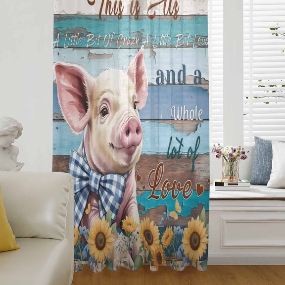 Sunflowers Pig Semi Sheer Curtains Drapes for Living Room,Bedroom,French Doors Window 54 Inches Long,Farmhouse Pastoral Wooden Plank Flowers Rod Pocket Chiffon Curtain Drapery Voile Draperies Panel