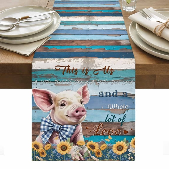 Sunflowers Pig Table Runner - 36 Inch Long, Kitchen Dining Table Runner Dresser Scarves, Farmhouse Pastoral Wooden Plank Flowers Farmhouse Decor for Coffee Tables Wedding Party Banquet