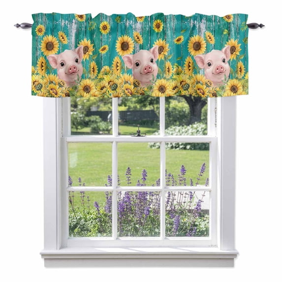 Sunflowers Pig Valance Curtain Vintage Country Pig Floral Green Wood Grain Window Valances Rod Pocket Short Curtains Window Treatments for Kitchen Bedroom Bathroom Laundry 54" x 18"